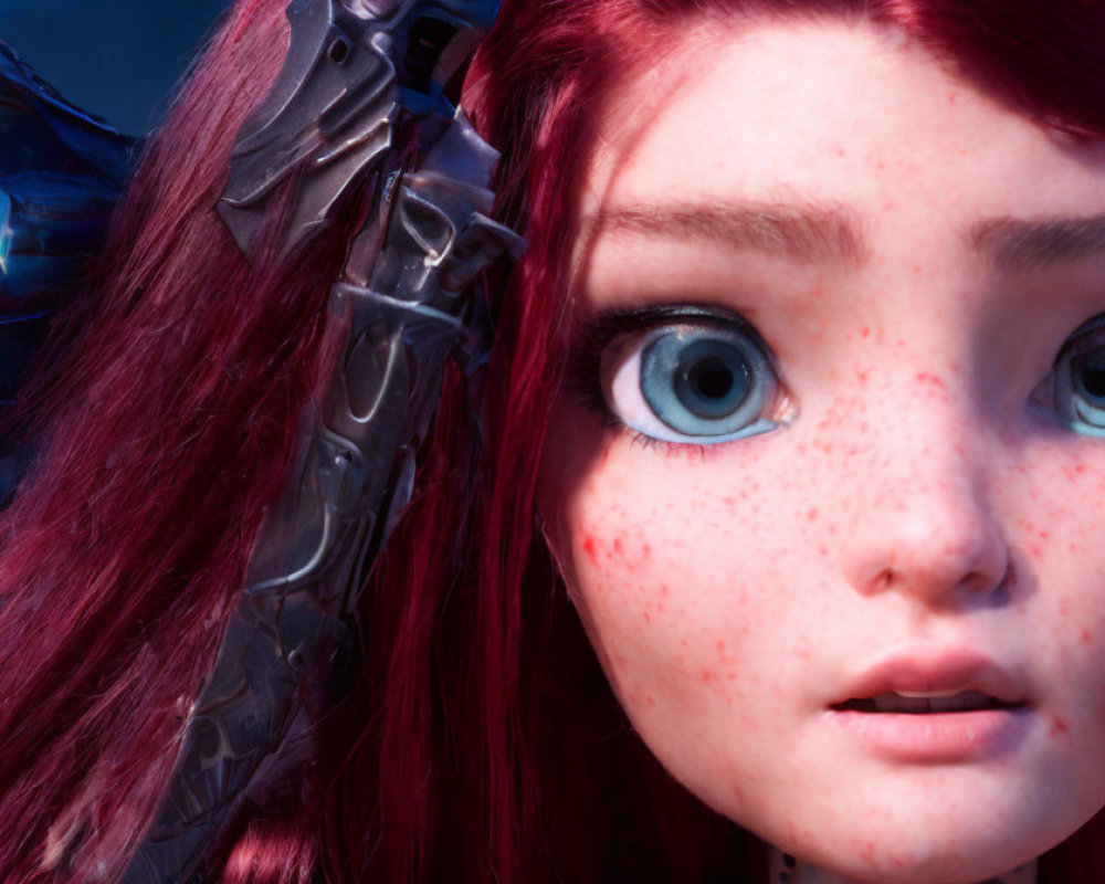 Detailed 3D-animated redheaded female character with freckles and armor.