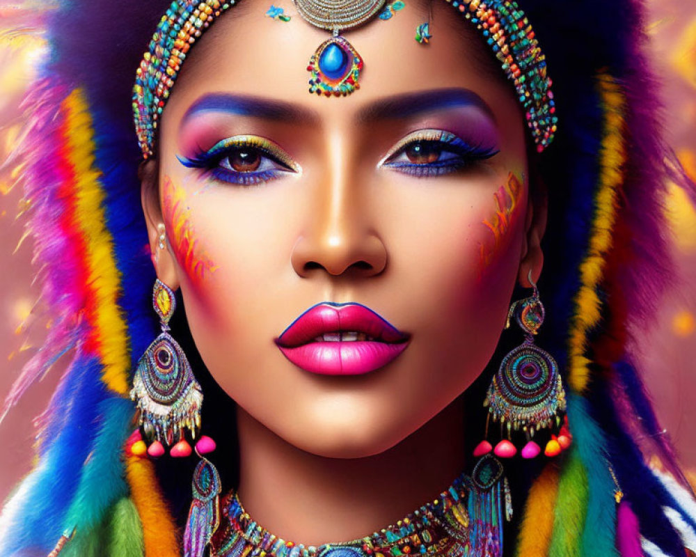 Woman with tribal makeup and colorful adornments displaying vibrant patterns and jewels