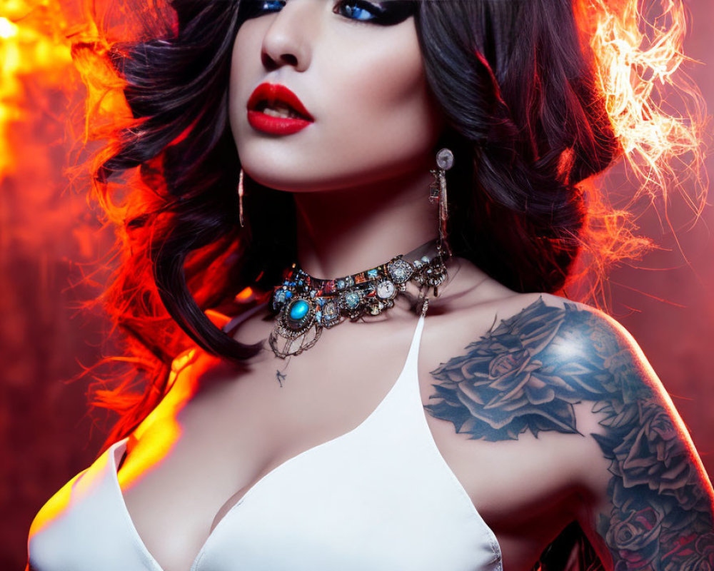 Bold makeup woman with tattooed arm and elegant necklace in fiery backdrop