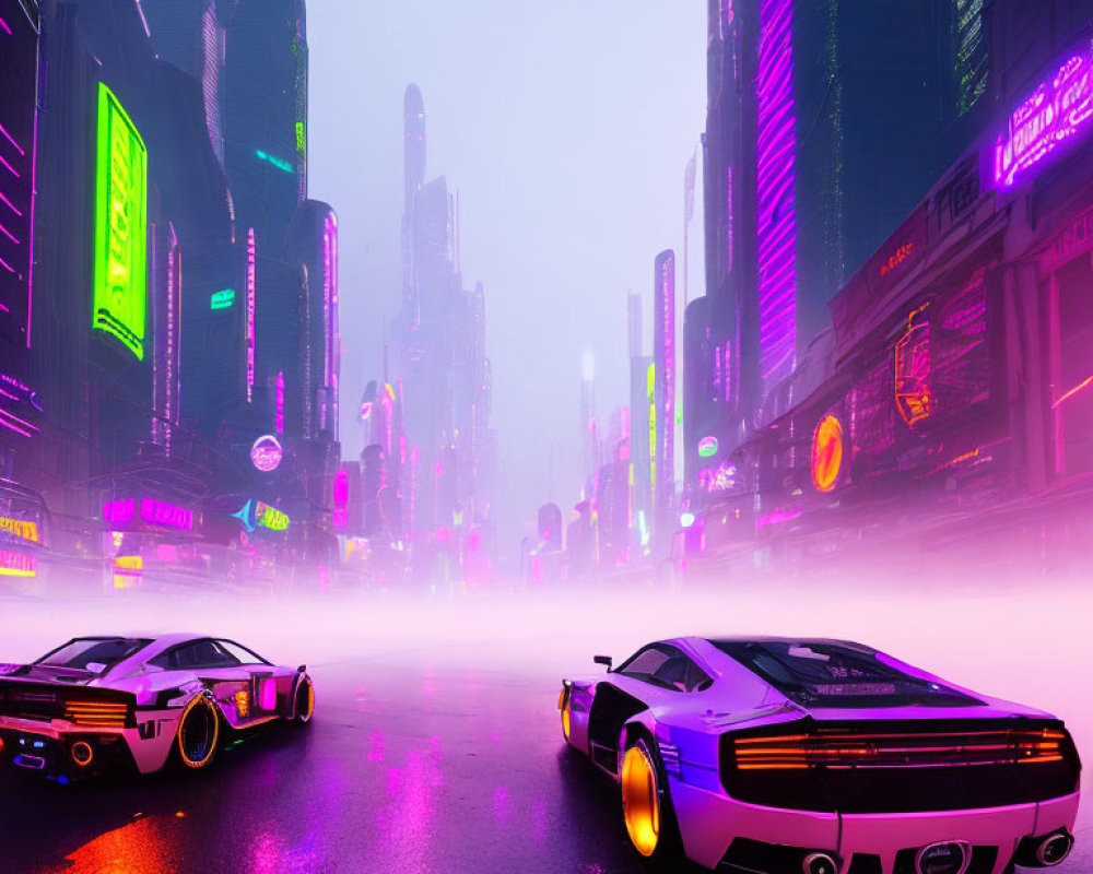 Neon-lit futuristic cityscape with sleek cars on wet street