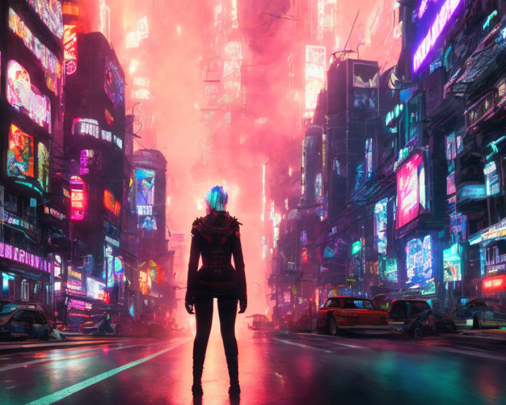 Person in Neon-Lit Futuristic City at Night