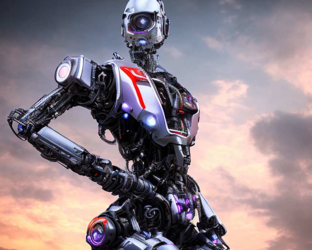 Detailed humanoid robot with purple and red lights in twilight sky