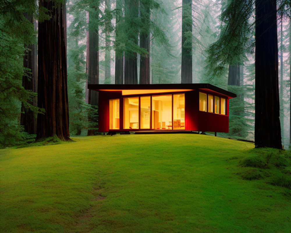 Contemporary Red and Black House in Misty Forest with Large Windows