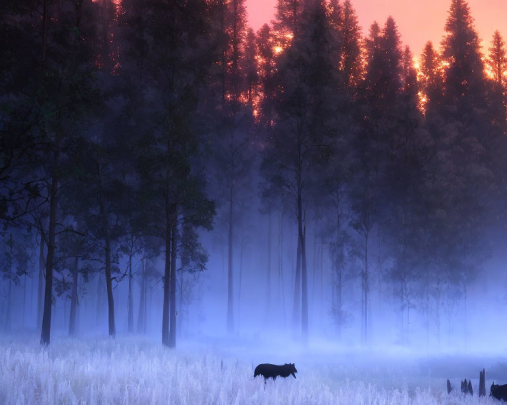 Twilight scene with frost-covered grass, silhouetted trees, and wild boar silhouette.