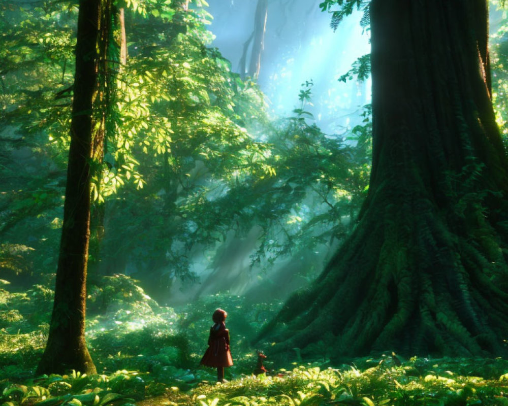 Person and small animal in lush green forest with towering trees and soft sunlight.