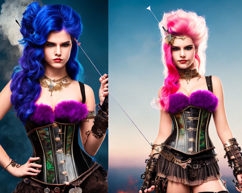 Fantasy-themed costumes and vividly colored hair on two women in confident poses