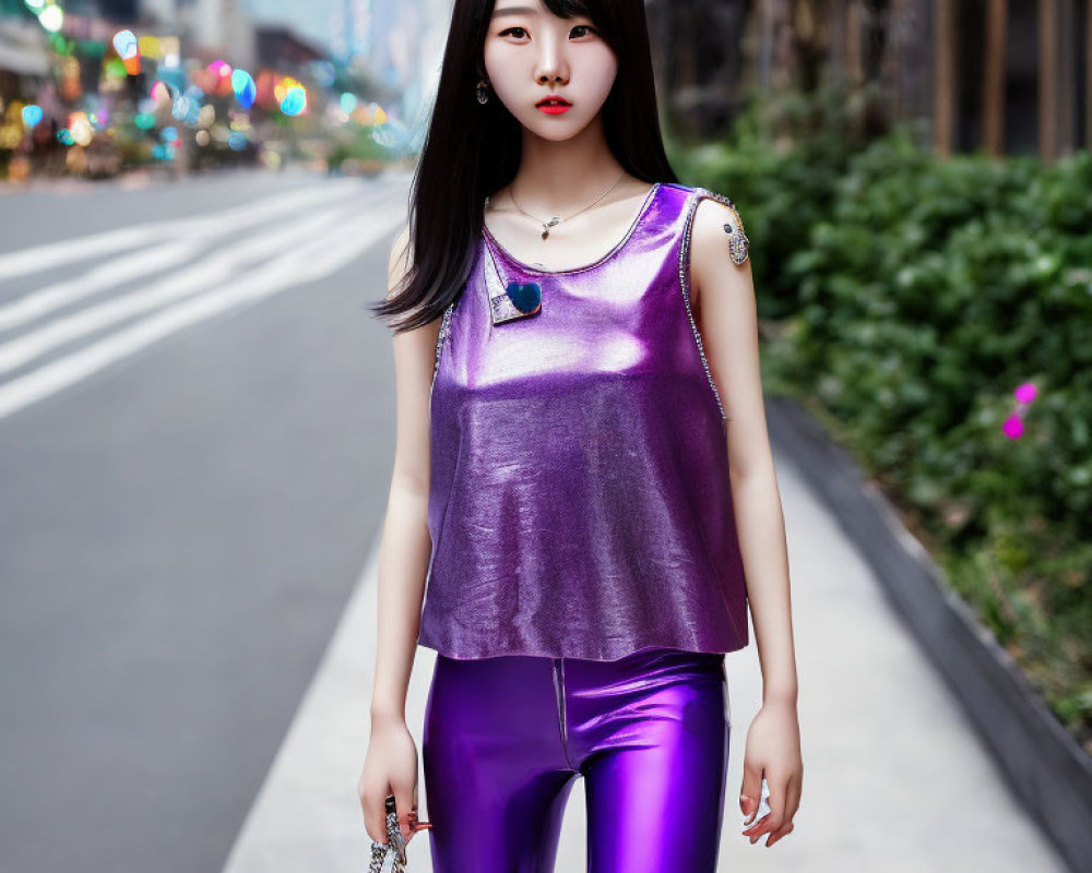 Woman in Metallic Purple Outfit with Black Purse on City Street