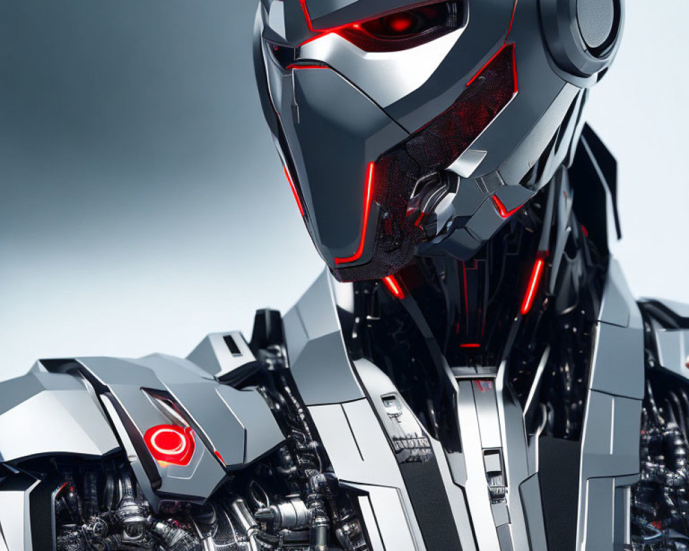 Detailed Robotic Figure in Metallic Suit with Red Lights