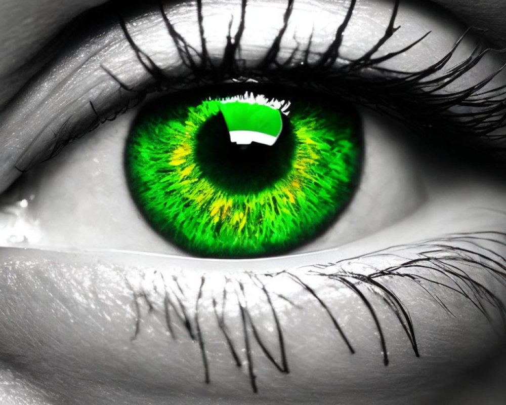 Detailed image of vibrant green human eye in grayscale setting