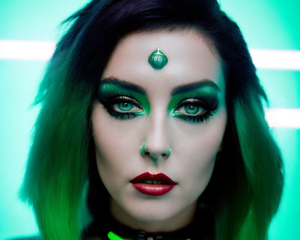 Portrait of Woman with Green Hair and Dramatic Makeup