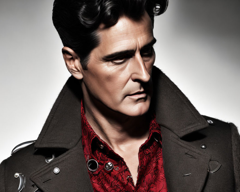 Styled dark hair man in red shirt and gray coat with silver buckles on light background