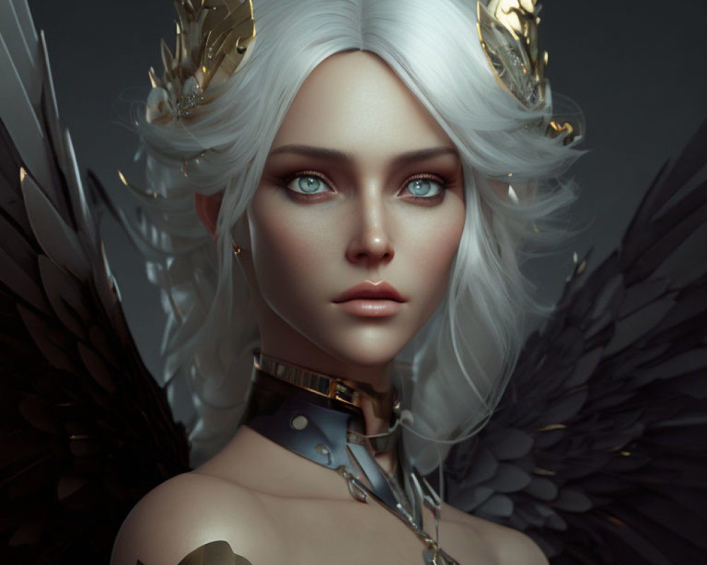 Fantasy digital portrait of a woman with white hair, blue eyes, golden crown, and dark wings