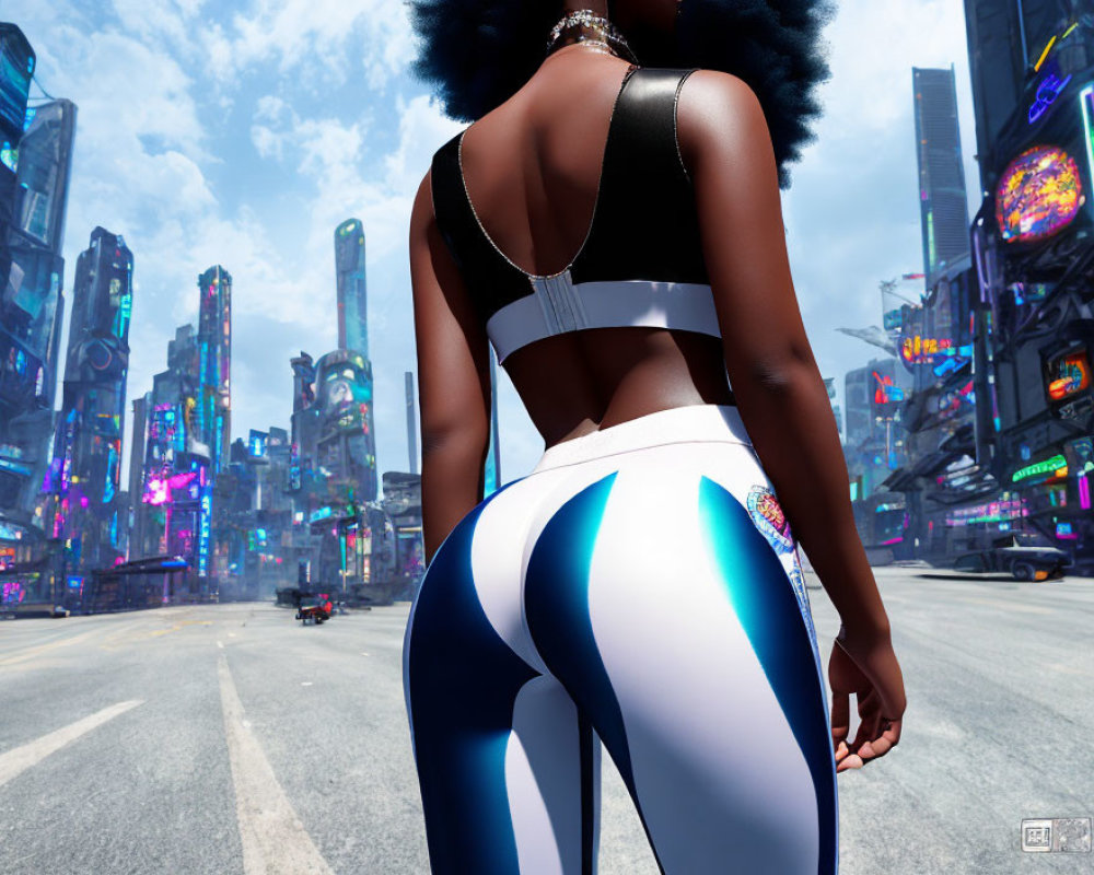 Person in tight sportswear in futuristic urban street