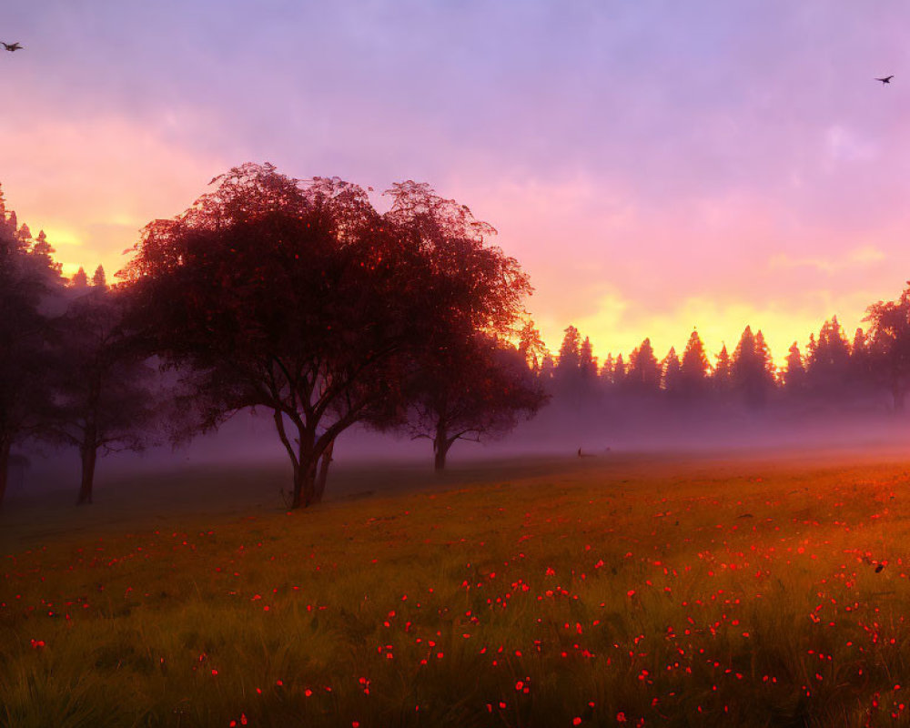 Tranquil sunrise scene with red flowers, misty field, silhouetted trees, and