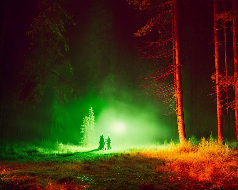 Misty forest scene at night with green glow and silhouetted figures