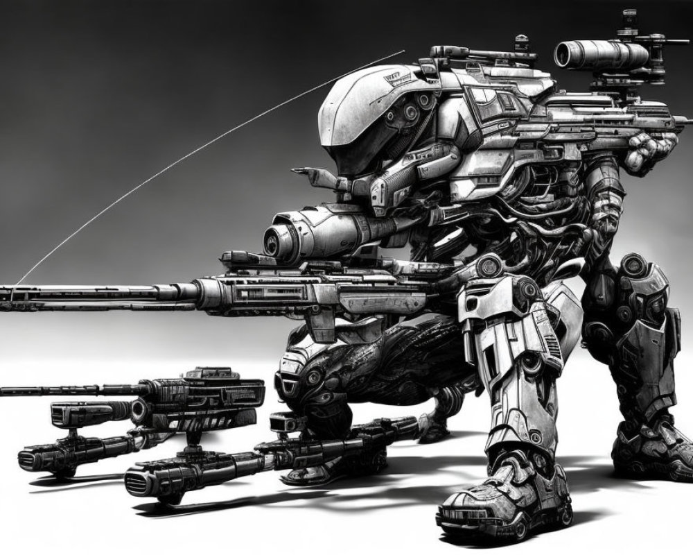 Detailed grayscale robotic mech with large gun and intricate armor