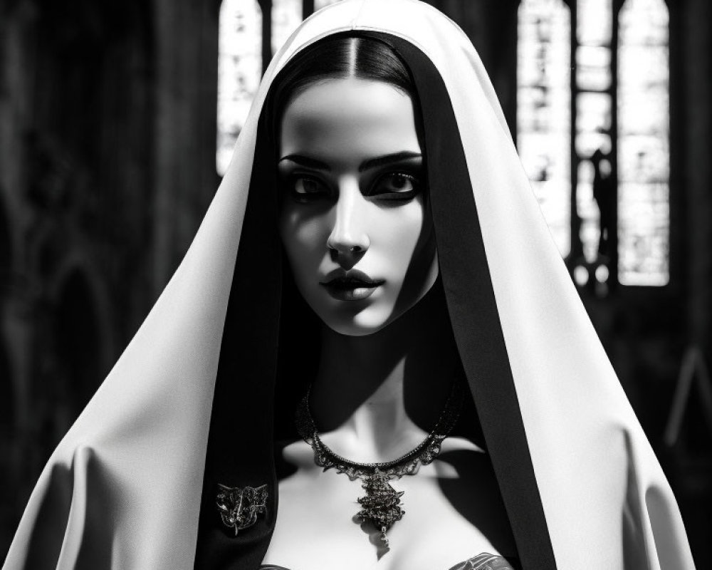 Monochrome portrait of a nun with bold makeup, chest tattoos, and intricate jewelry