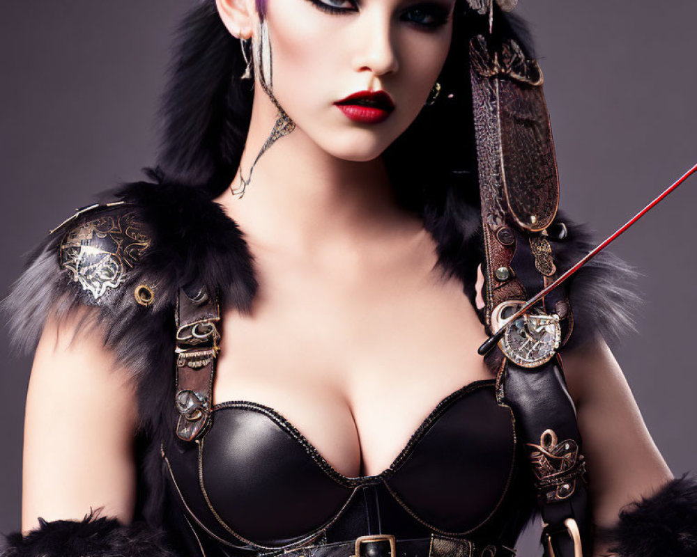 Woman with Pink Mohawk in Dramatic Makeup and Black Leather Costume Holding Red Whip