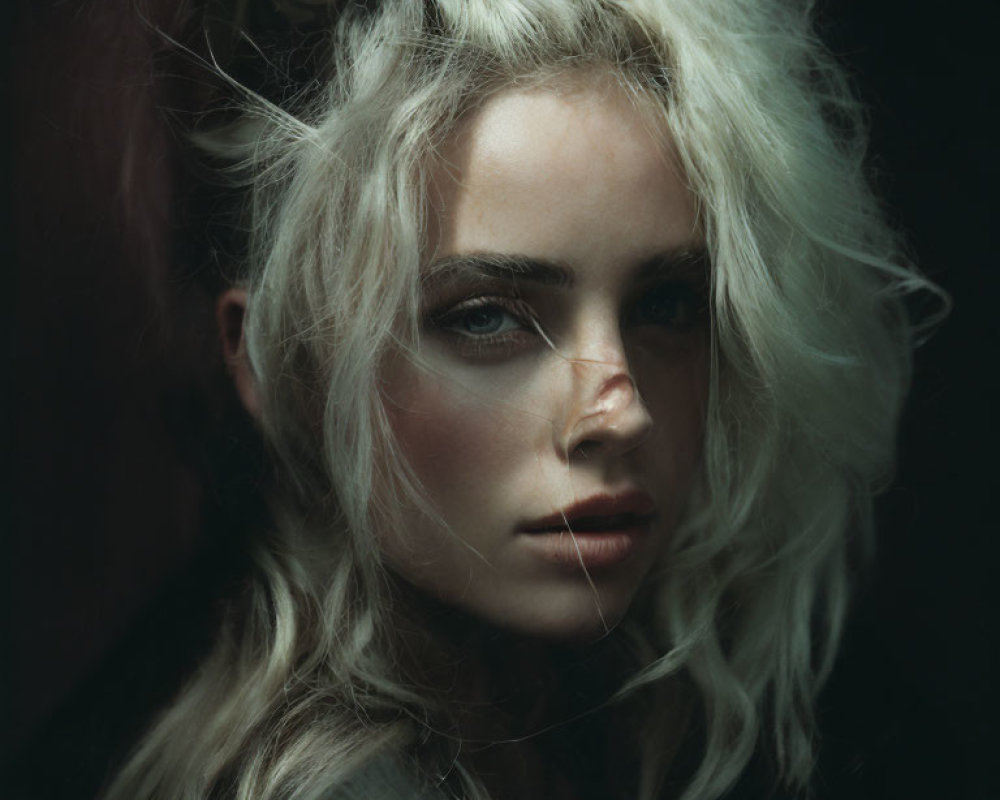 Blonde Woman Portrait with Tousled Hair and Shadowy Background