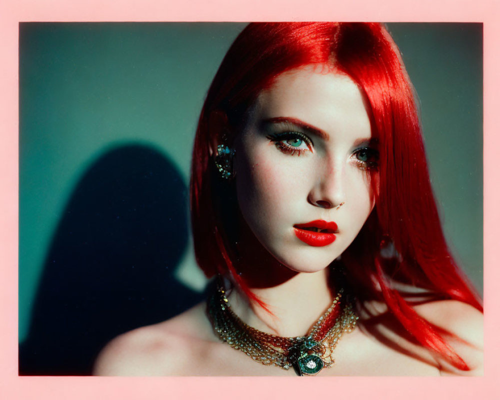 Portrait of woman with vibrant red hair, bold makeup, elegant jewelry, against red shadowy backdrop