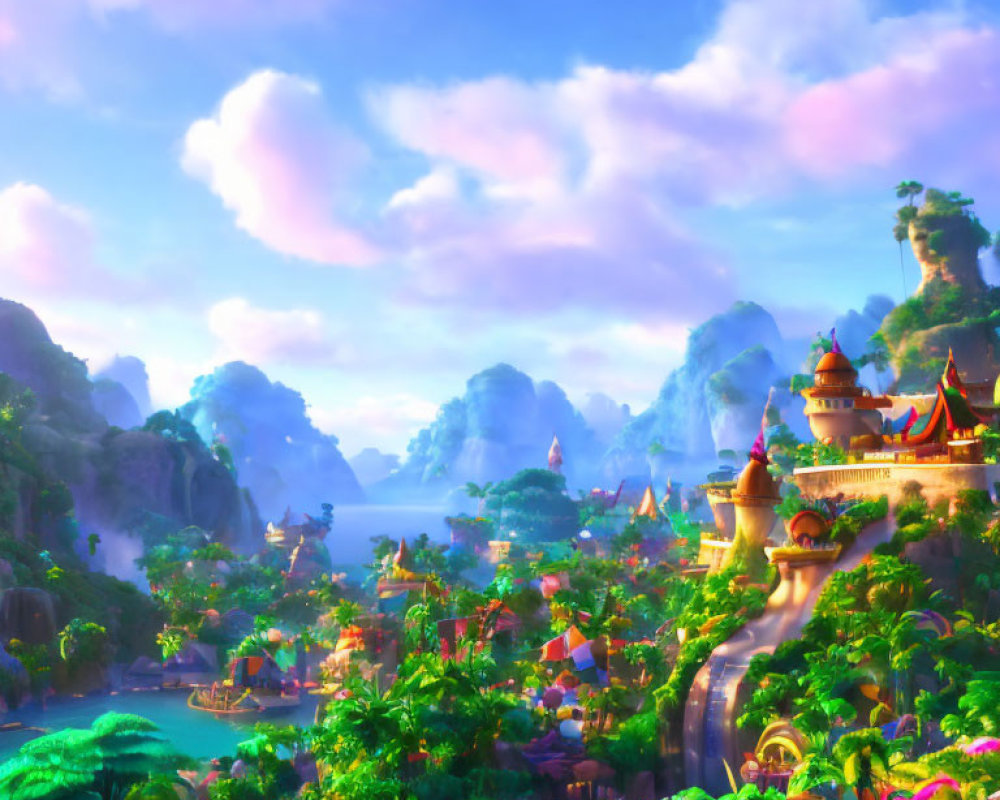 Colorful Fantasy Landscape with Greenery, Temples, and River