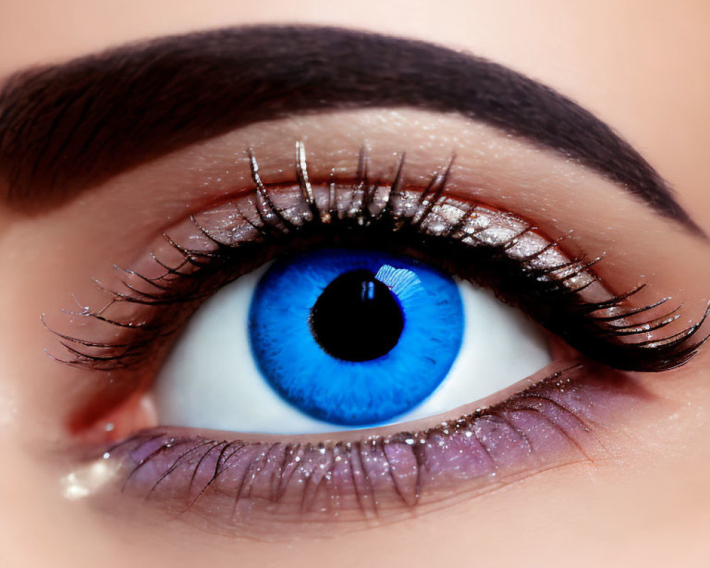 Detailed Close-Up of Vivid Blue Eye with Long Eyelashes and Glittery Purple Eyesh