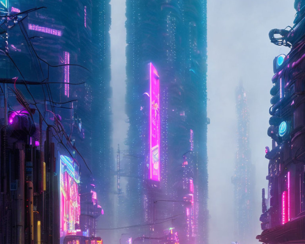 Neon-lit futuristic cityscape with misty skyscrapers