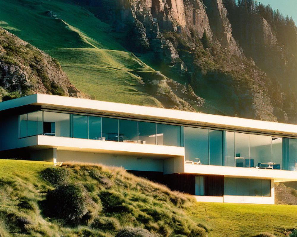 Glass-walled house with flat roof in lush green hillside under towering cliffs