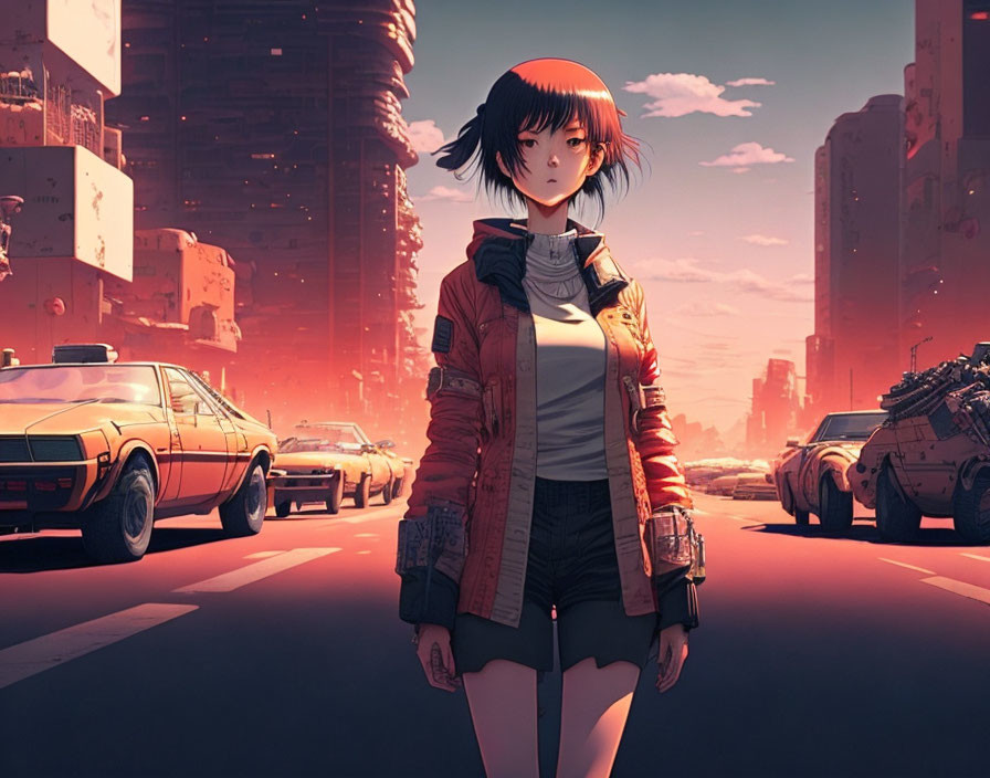 Young woman in futuristic city street at sunset with hovering cars and skyscrapers