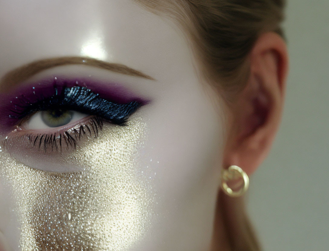 Detailed woman's face with purple eyeshadow and golden hoop earring