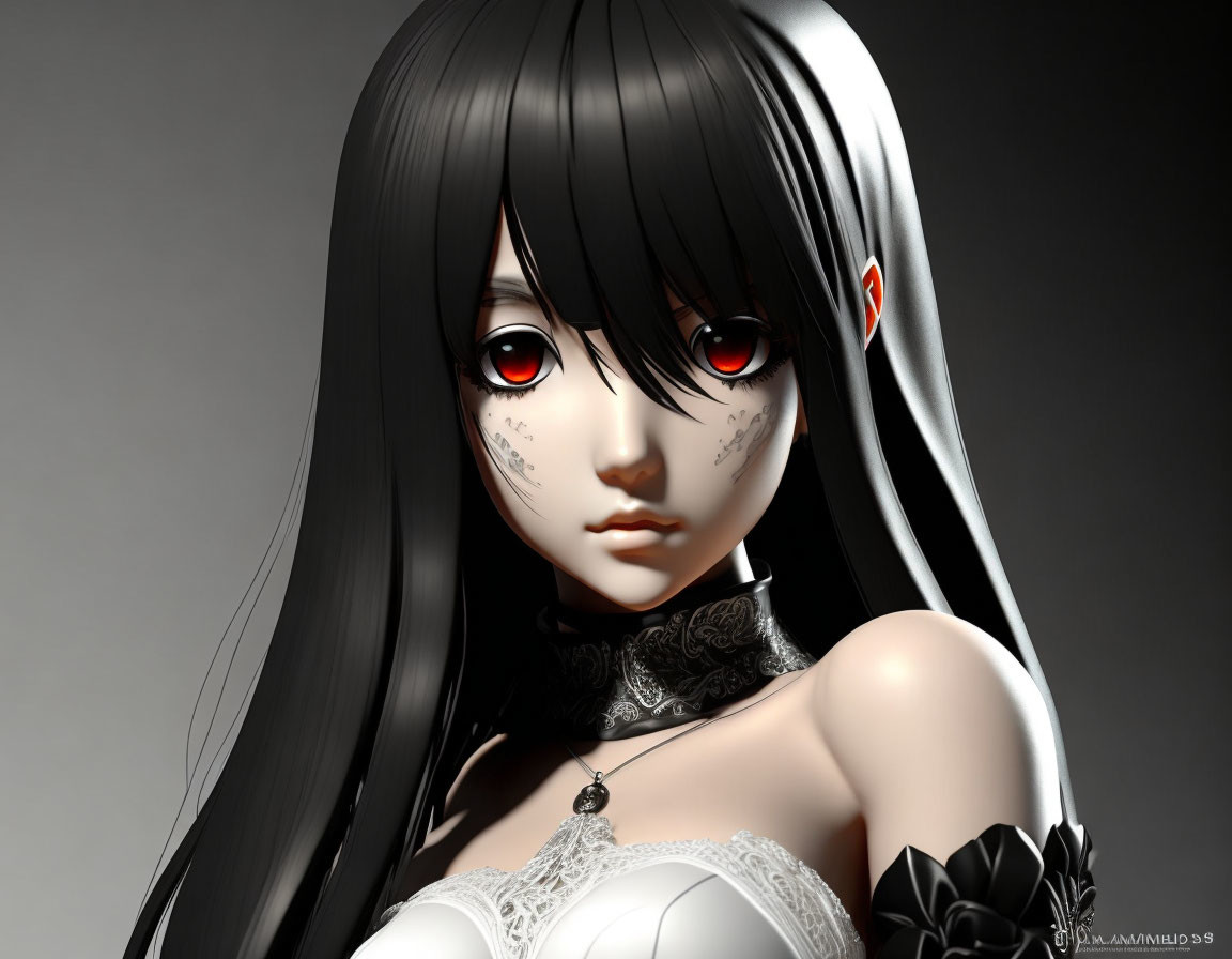 Female character with long black hair, red eyes, and decorative facial markings in black and white attire