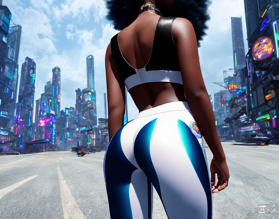 Person in tight sportswear in futuristic urban street