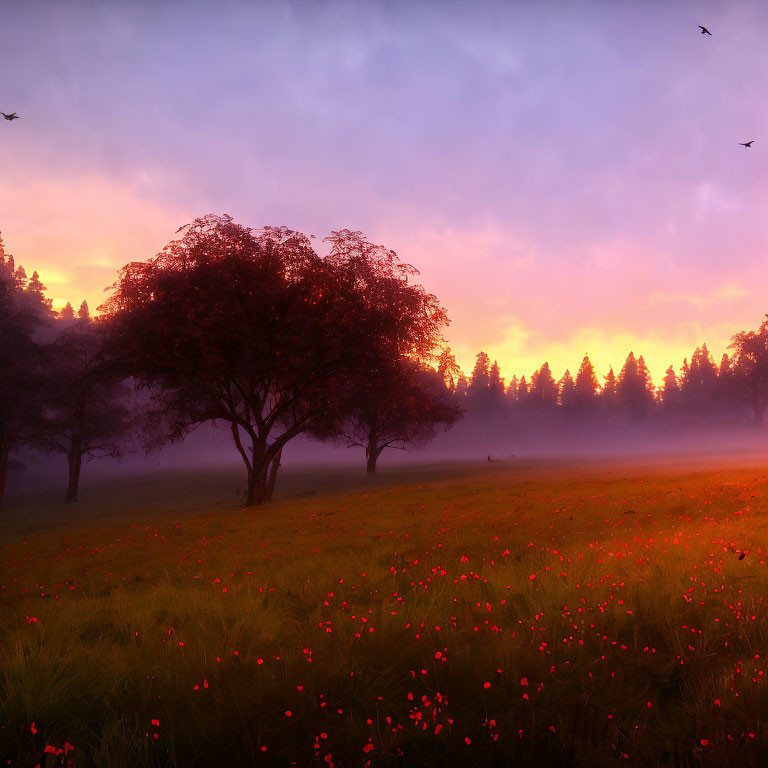 Tranquil sunrise scene with red flowers, misty field, silhouetted trees, and