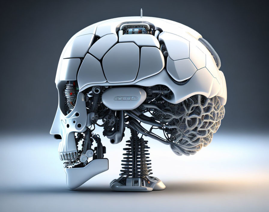 Detailed humanoid robot head with exposed mechanical design and circuitry.