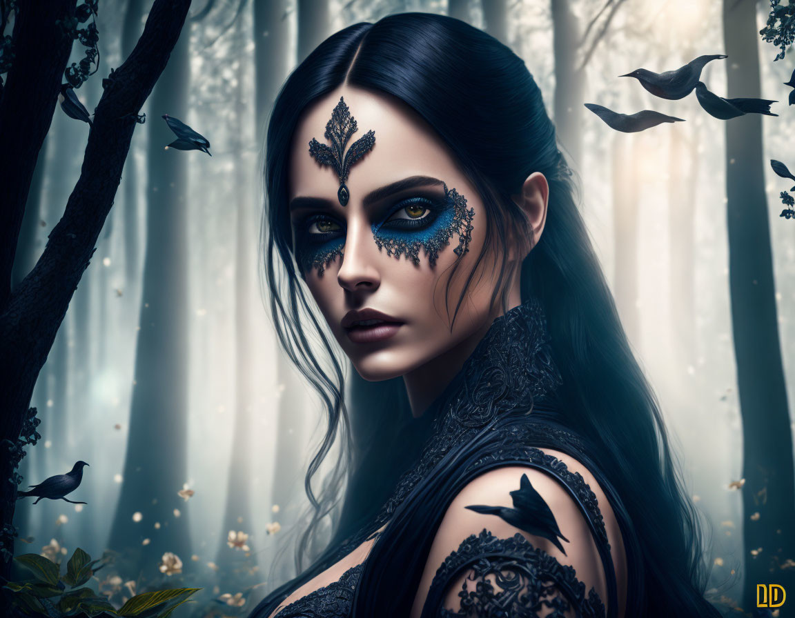 Woman with dark makeup and tattoos in mystical forest with flying birds and ethereal light.