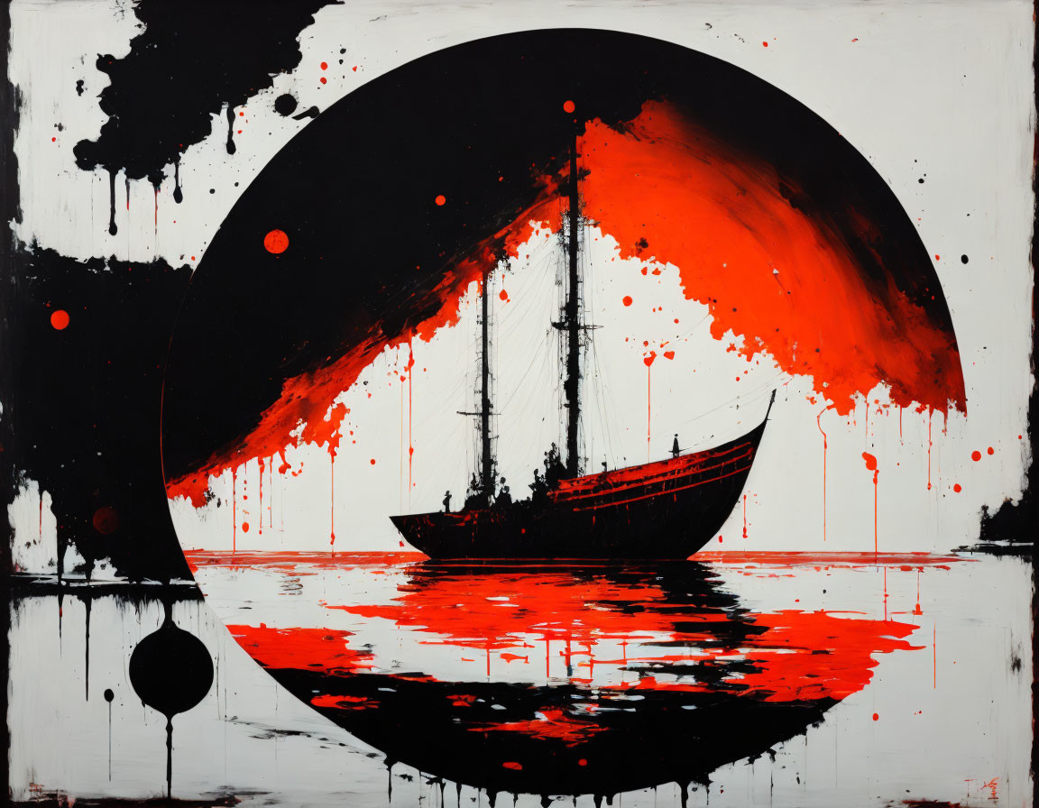 Red and black abstract sailboat painting on circular backdrop with splattered paint effects