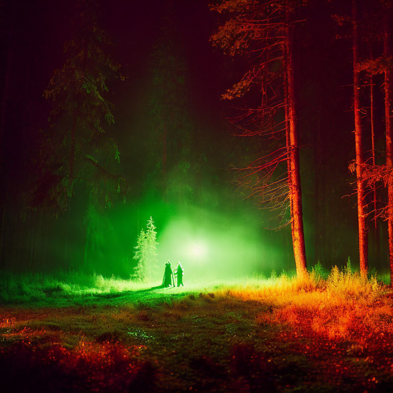 Misty forest scene at night with green glow and silhouetted figures