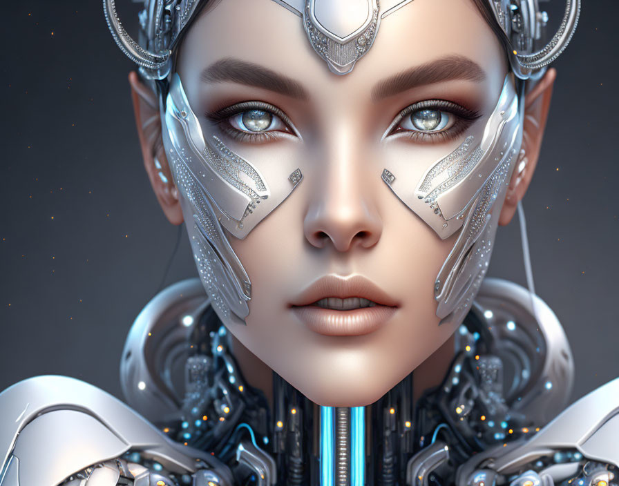 Detailed Close-Up of Female-Looking Futuristic Robot with Silver Facial Armor