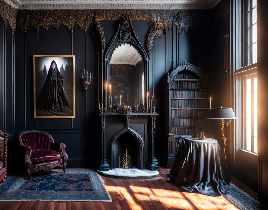 Dark Victorian-style room with gothic fireplace, candelabra, red armchair, bookshelf,