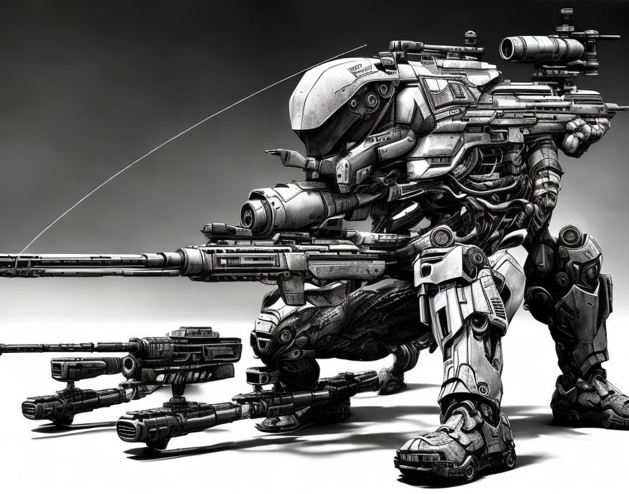 Detailed grayscale robotic mech with large gun and intricate armor