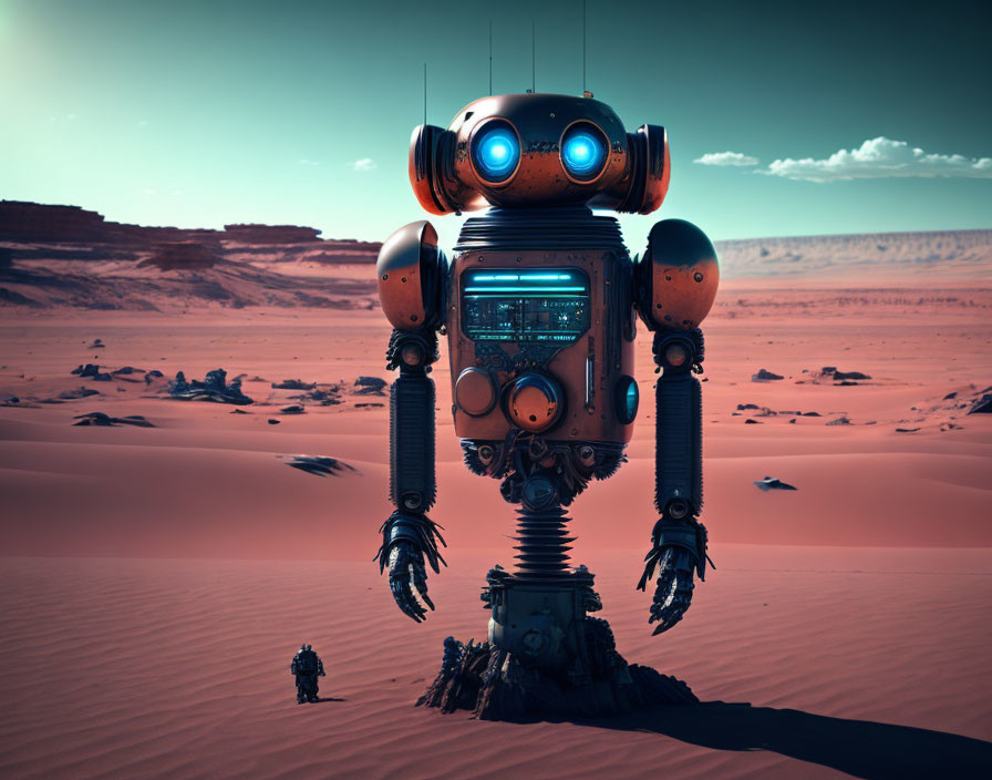 Futuristic robot and companion in desert landscape