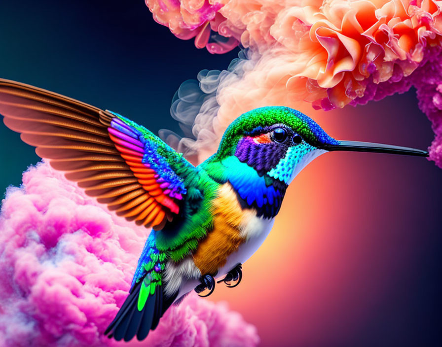 Colorful hummingbird in digital art with floral backdrop and pink clouds