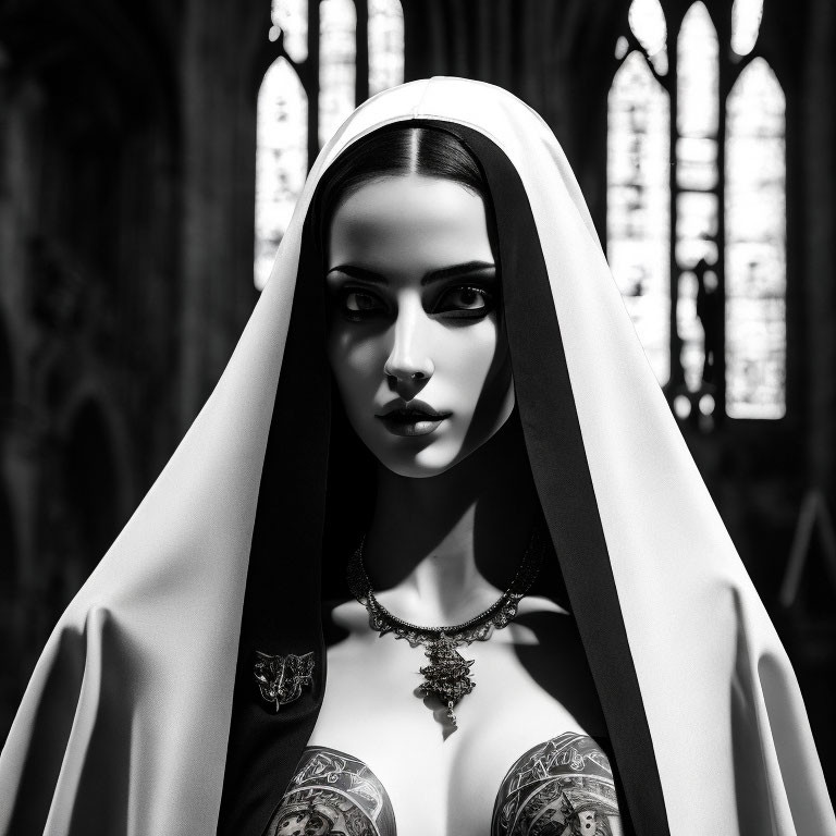 Monochrome portrait of a nun with bold makeup, chest tattoos, and intricate jewelry