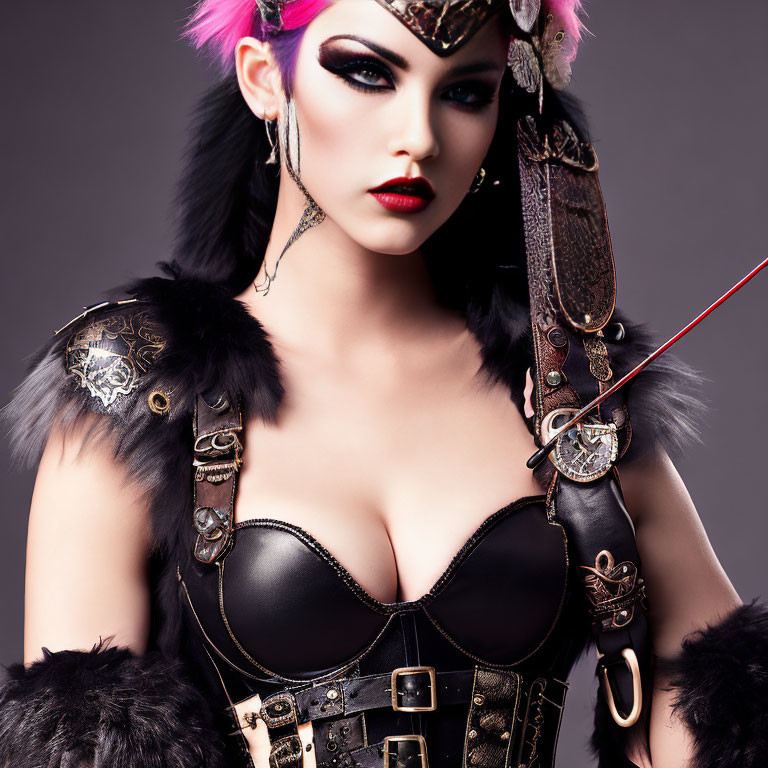 Woman with Pink Mohawk in Dramatic Makeup and Black Leather Costume Holding Red Whip