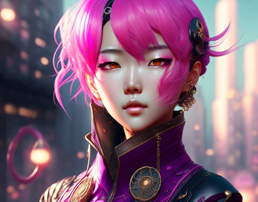 Vibrant Pink Hair and Purple Futuristic Attire in Cityscape Glow