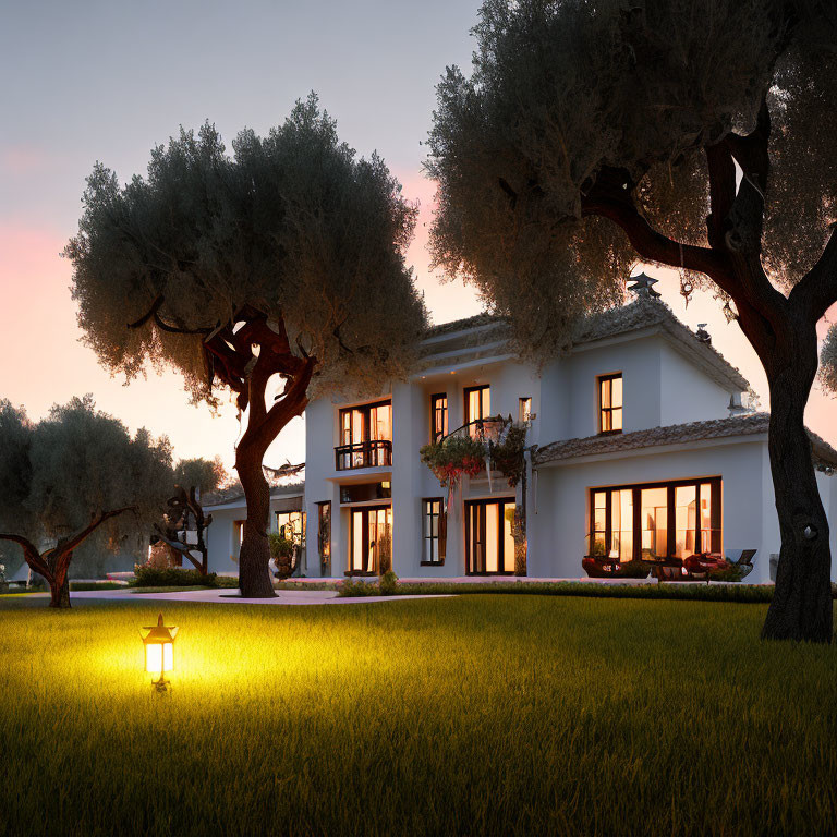 Tranquil twilight landscape with illuminated white villa and lush surroundings