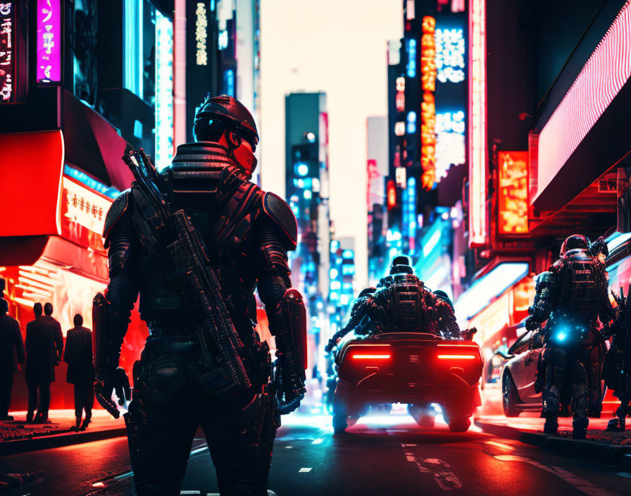 Advanced futuristic soldiers patrol neon-lit cyberpunk city with armored vehicles