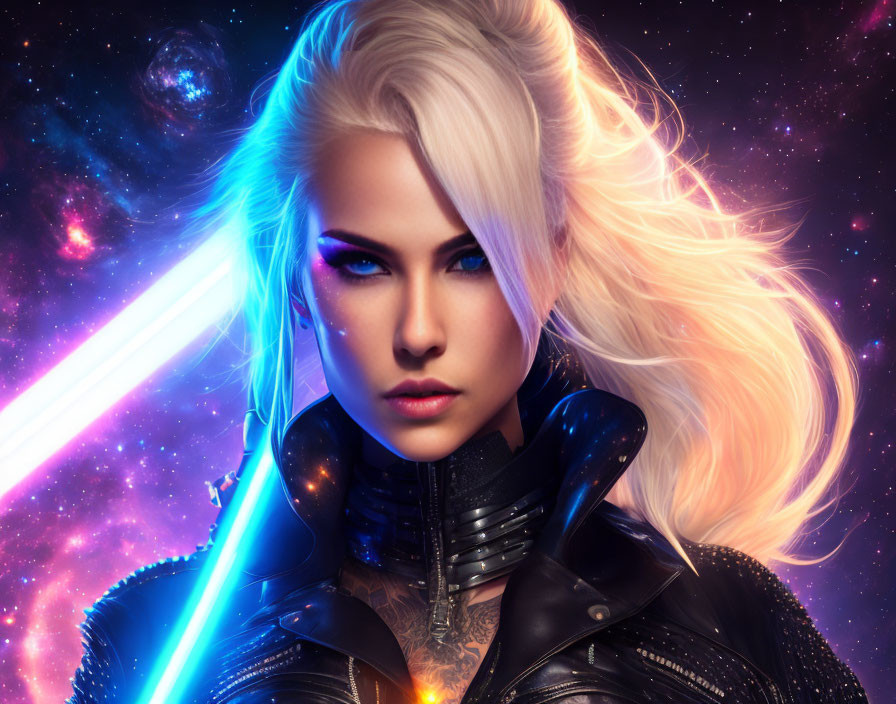 Platinum Blonde Woman in Futuristic Armor on Cosmic Background