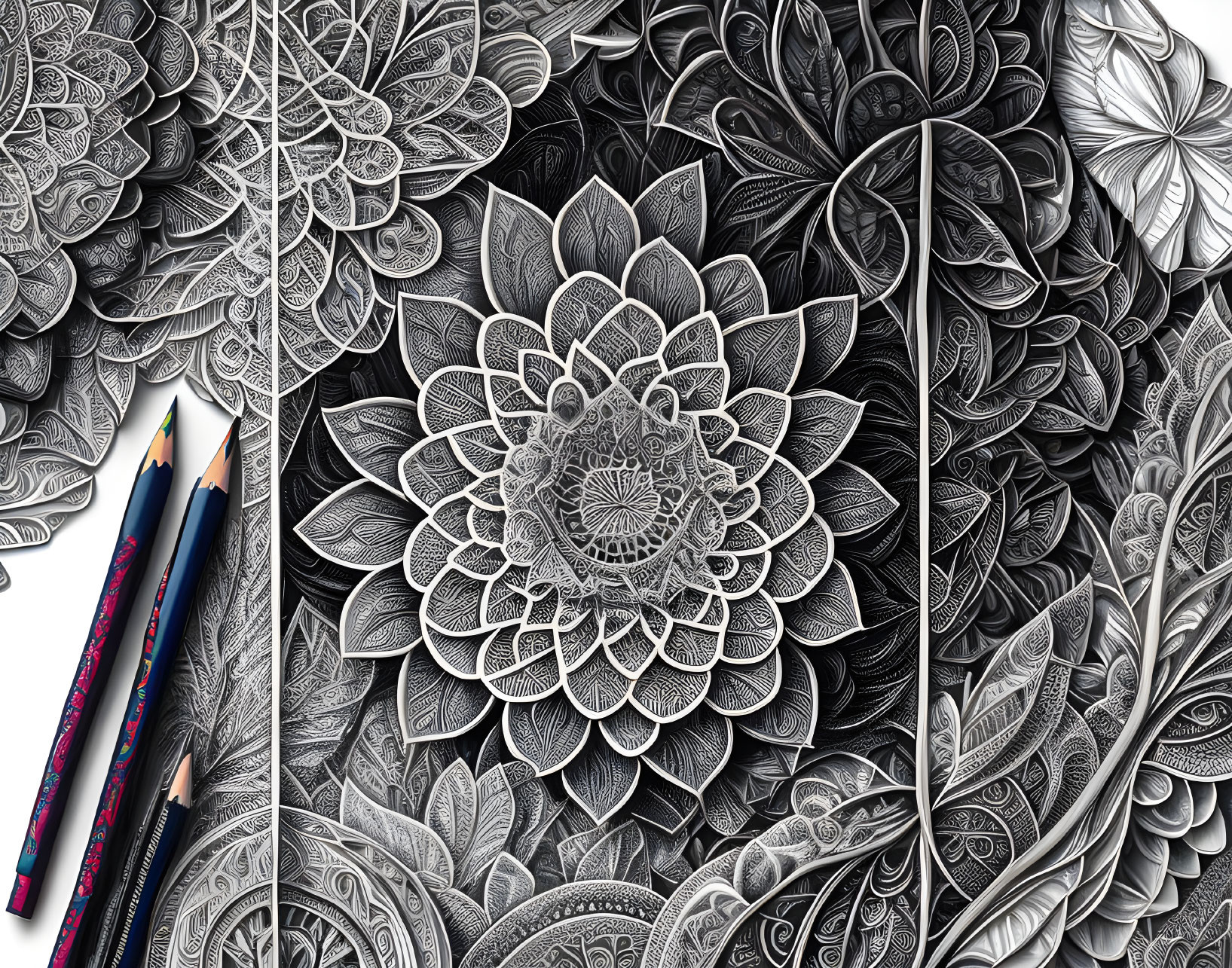 Detailed Black and White Floral Mandala Drawing with Colored Pencils