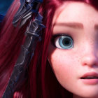 Detailed 3D-animated redheaded female character with freckles and armor.